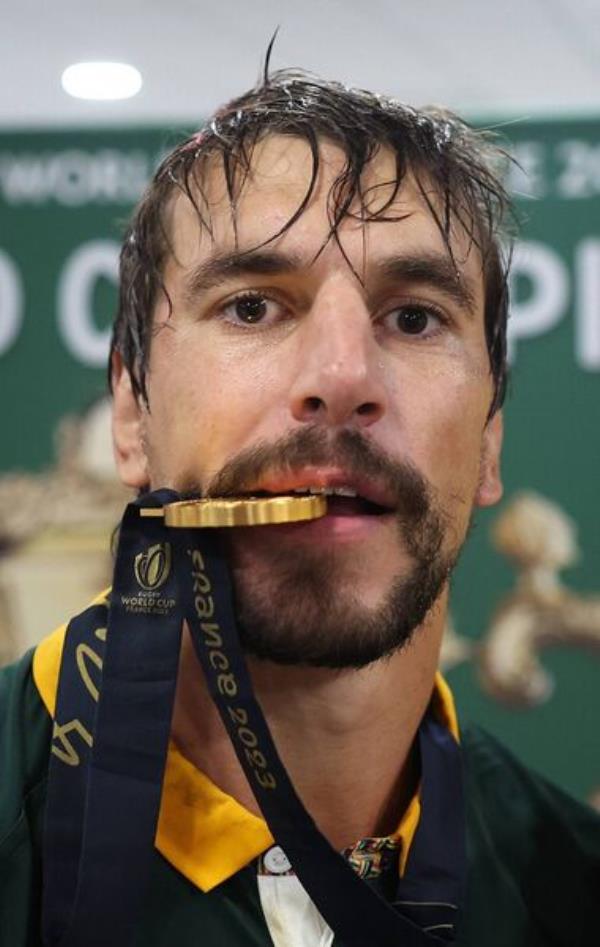 Eben Etzebeth of South Africa celebrates in the dressing room. Pic: Julian Finney - World Rugby/World Rugby via Getty Images